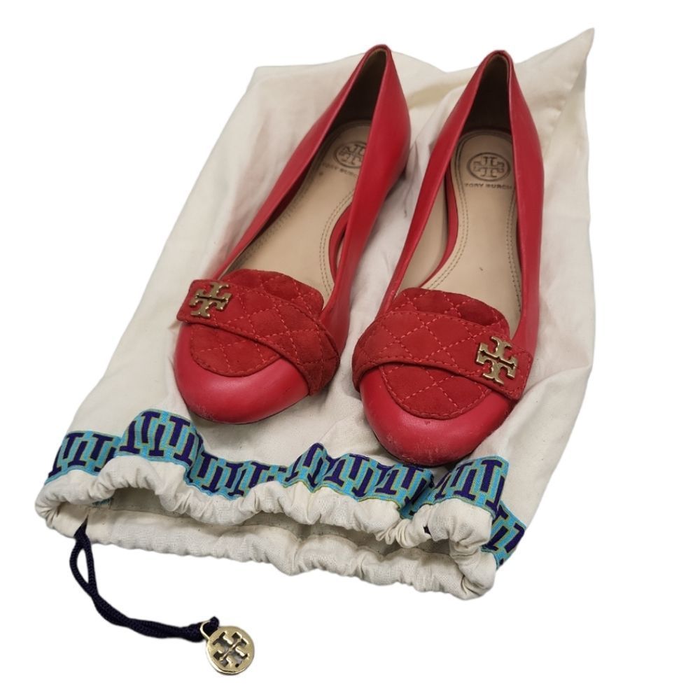 TORY BURCH Red/Gold‎ "Leila" Logo Suede/Leather Quilted Loafer Size 6.5